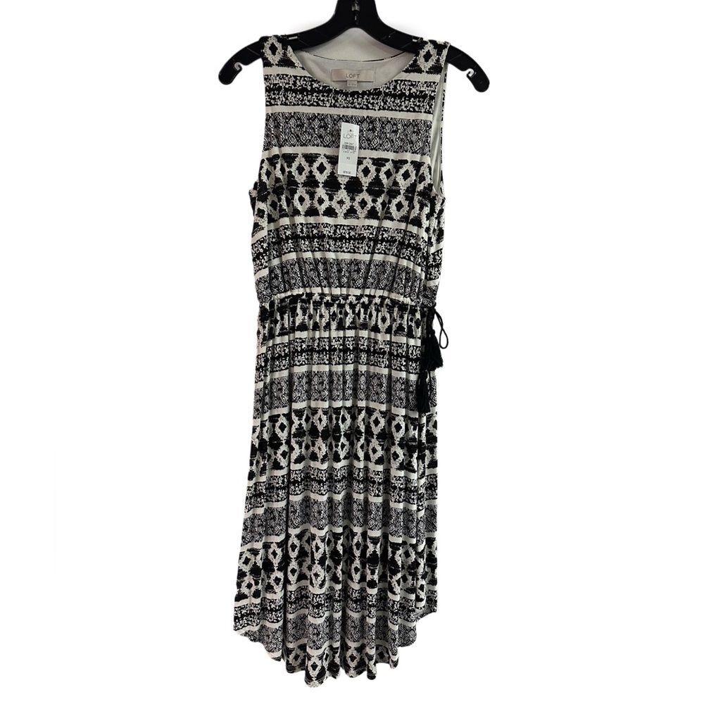NWT Loft Black Brown Print Dresss with Drawstring Tassel Tie Waist Size XS